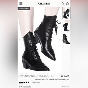 Killstar Raven Pointed toe bootie ladies US size 7 Euro 38